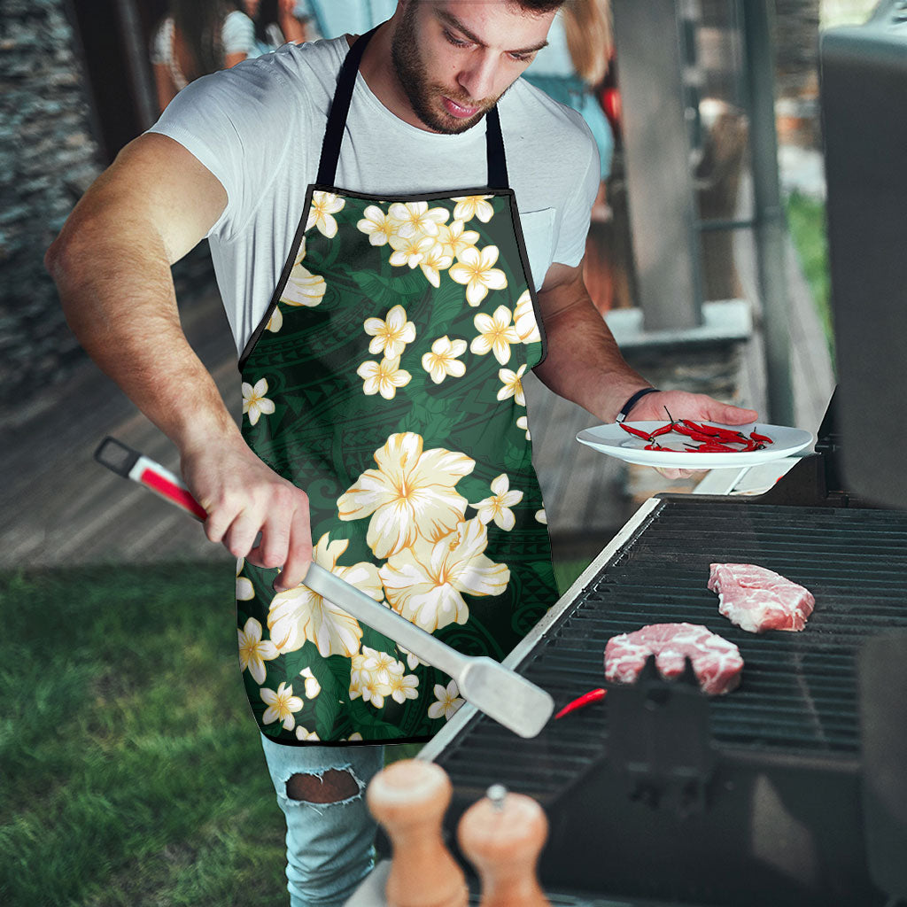 Hawaii Hibiscus Plumeria Green Apron Polynesian Pattern