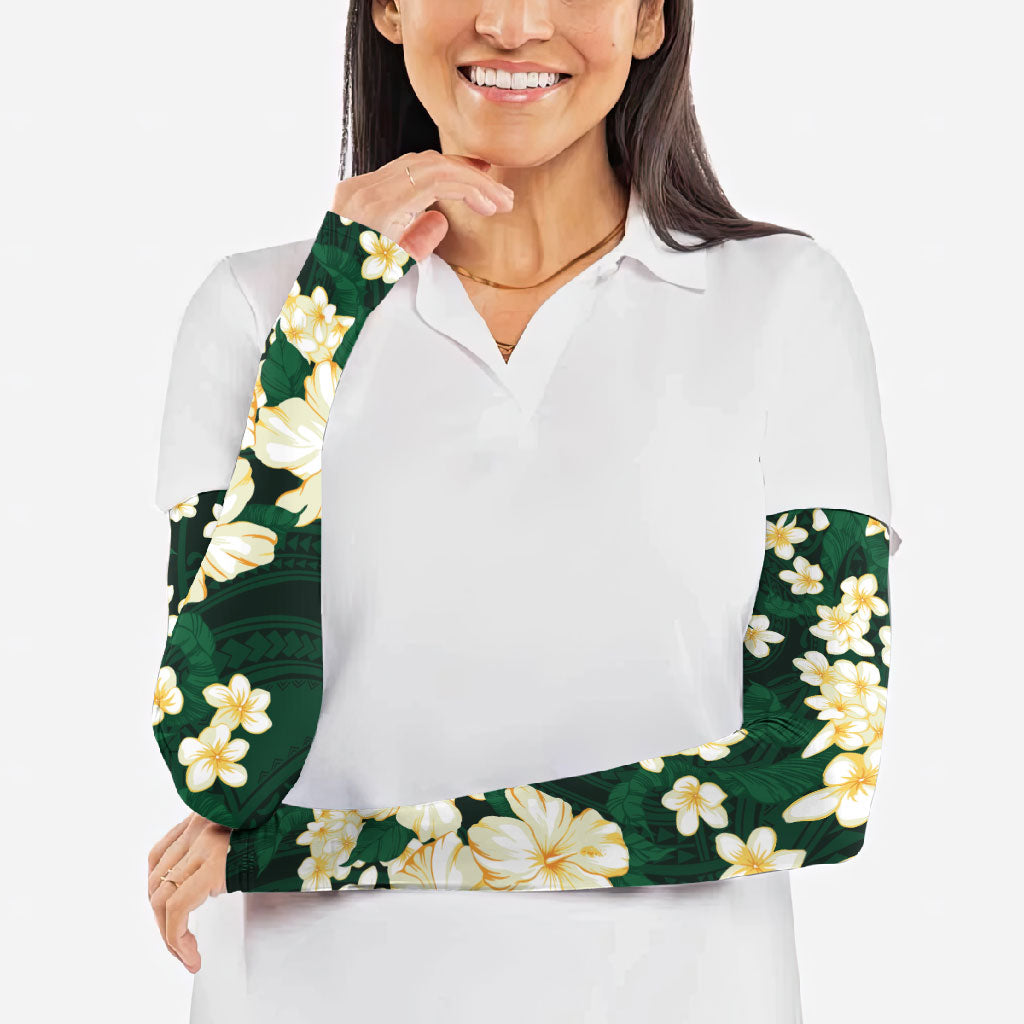 Hawaii Hibiscus Plumeria Green Arm Sleeves Polynesian Pattern LT01 - Polynesian Pride