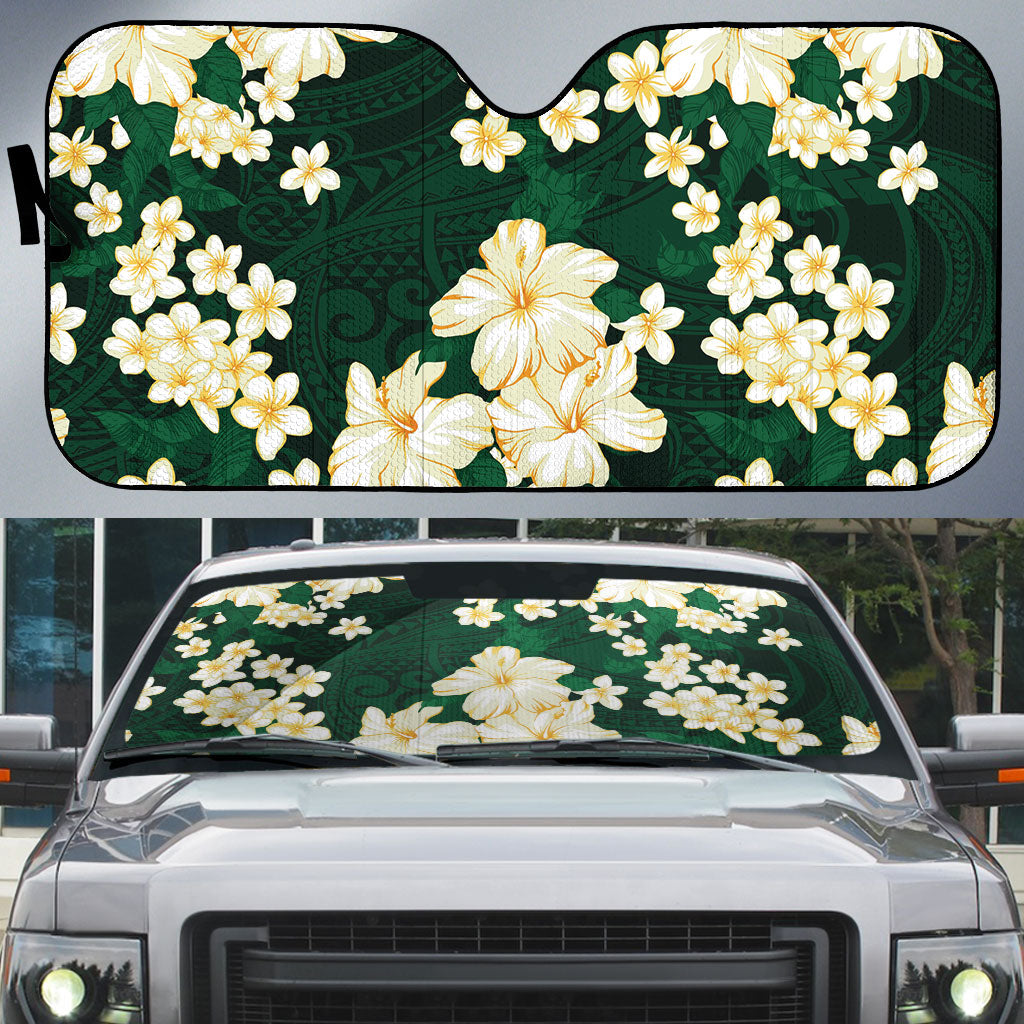 Hawaii Hibiscus Plumeria Green Auto Sun Shade Polynesian Pattern