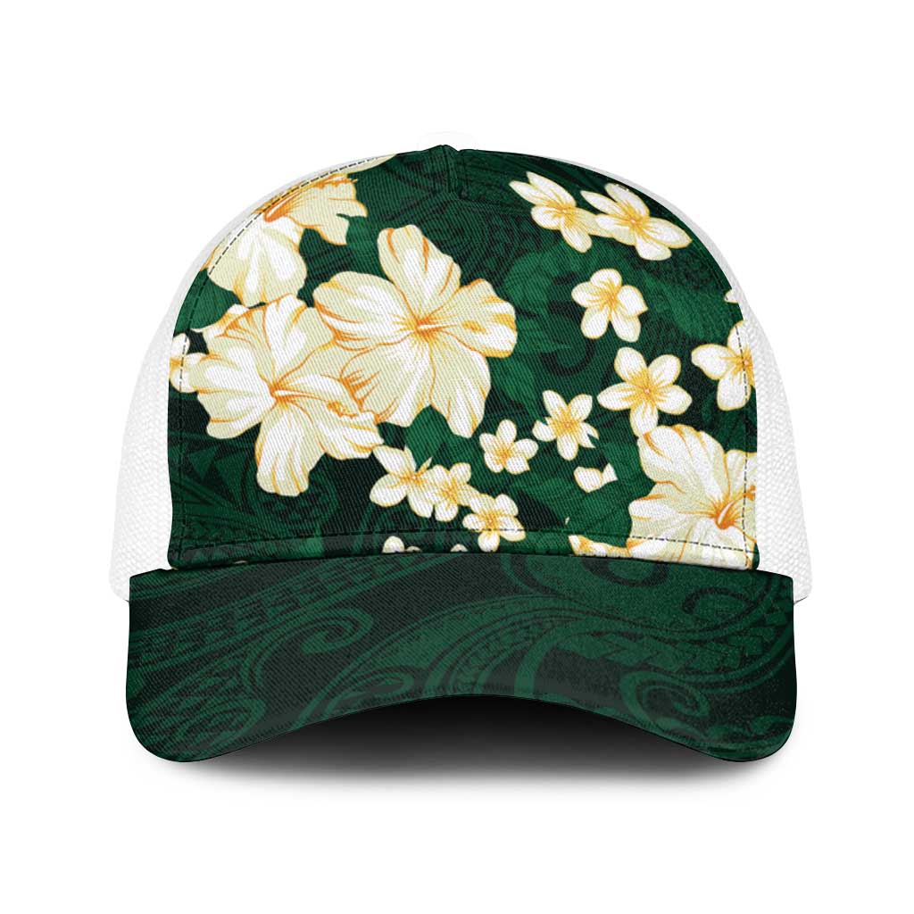 Hawaii Hibiscus Plumeria Green Baseball Net Cap Polynesian Pattern