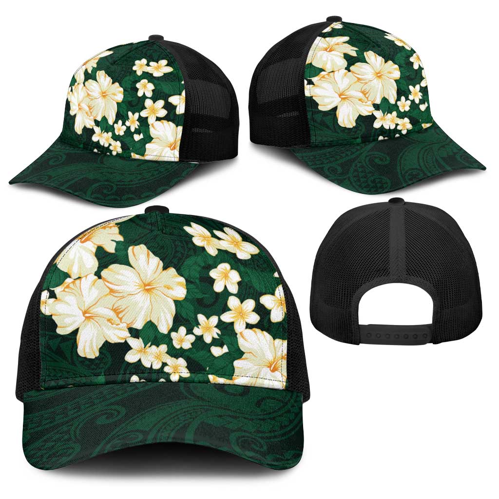 Hawaii Hibiscus Plumeria Green Baseball Net Cap Polynesian Pattern