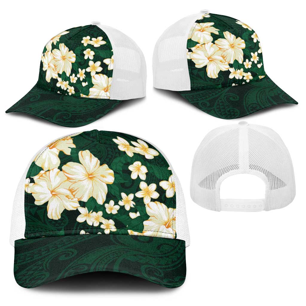 Hawaii Hibiscus Plumeria Green Baseball Net Cap Polynesian Pattern
