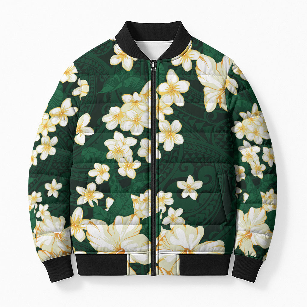 Hawaii Hibiscus Plumeria Green Bomber Puffer Jacket Polynesian Pattern