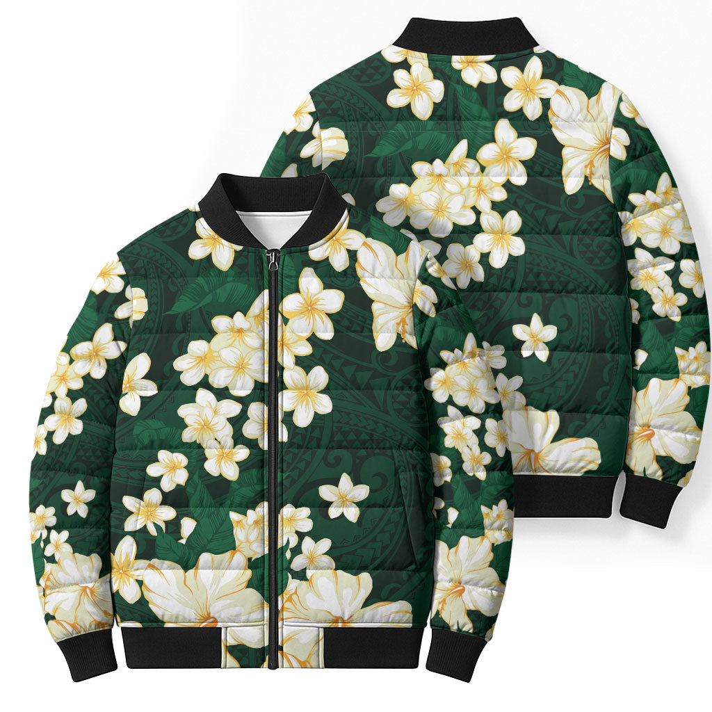 Hawaii Hibiscus Plumeria Green Bomber Puffer Jacket Polynesian Pattern