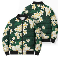 Hawaii Hibiscus Plumeria Green Bomber Puffer Jacket Polynesian Pattern