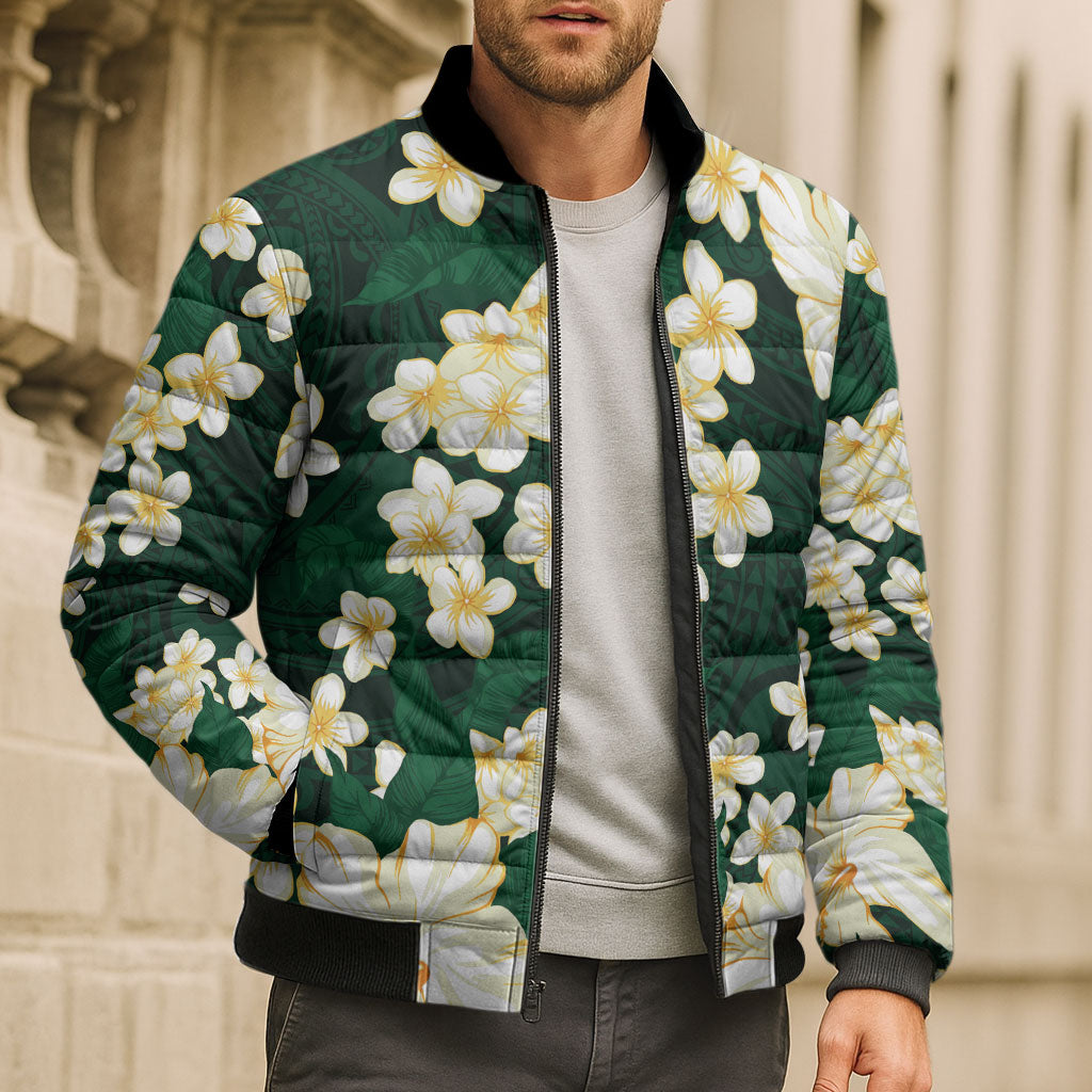 Hawaii Hibiscus Plumeria Green Bomber Puffer Jacket Polynesian Pattern