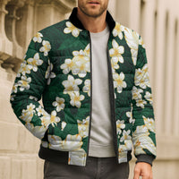 Hawaii Hibiscus Plumeria Green Bomber Puffer Jacket Polynesian Pattern