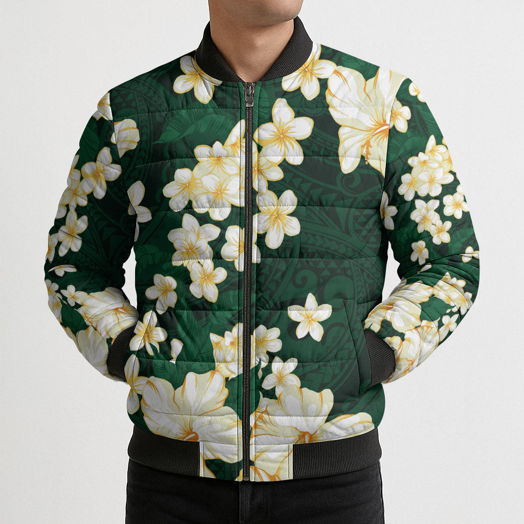 Hawaii Hibiscus Plumeria Green Bomber Puffer Jacket Polynesian Pattern