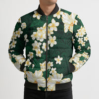 Hawaii Hibiscus Plumeria Green Bomber Puffer Jacket Polynesian Pattern