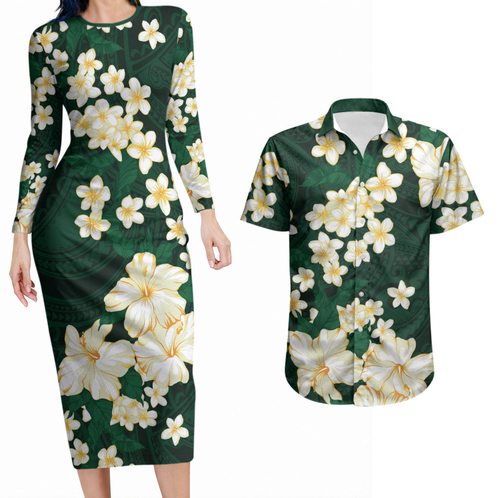 Hawaii Hibiscus Plumeria Green Couples Matching Long Sleeve Bodycon Dress and Hawaiian Shirt Polynesian Pattern LT01 Green - Polynesian Pride