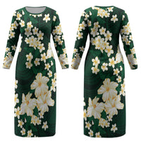 Hawaii Hibiscus Plumeria Green Couples Matching Long Sleeve Bodycon Dress and Hawaiian Shirt Polynesian Pattern LT01 - Polynesian Pride