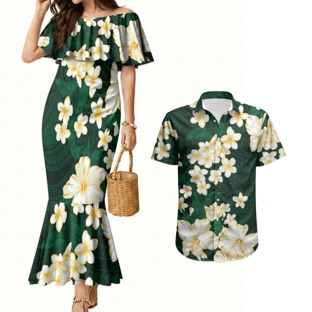 Hawaii Hibiscus Plumeria Green Couples Matching Mermaid Dress and Hawaiian Shirt Polynesian Pattern LT01 Green - Polynesian Pride