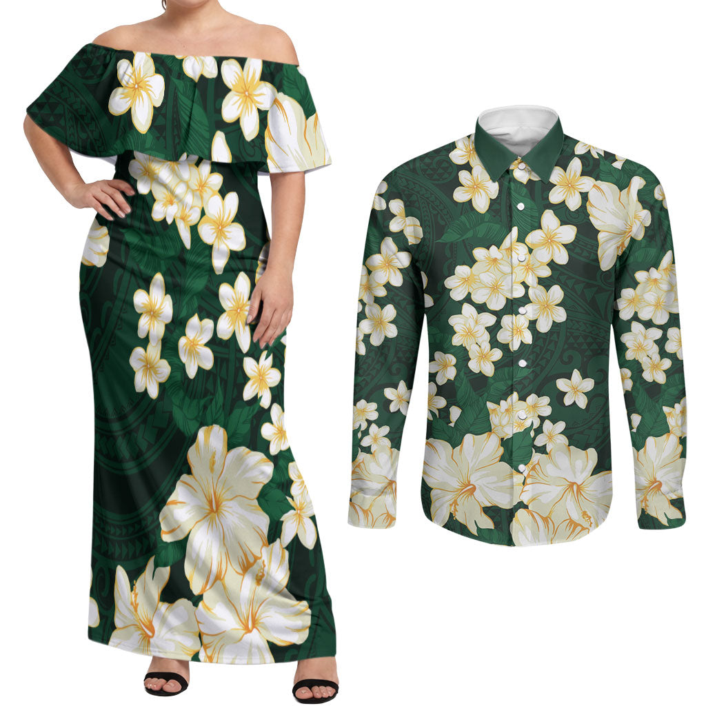 Hawaii Hibiscus Plumeria Green Couples Matching Off Shoulder Maxi Dress and Long Sleeve Button Shirt Polynesian Pattern