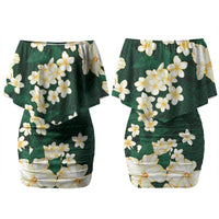 Hawaii Hibiscus Plumeria Green Couples Matching Off Shoulder Short Dress and Long Sleeve Button Shirt Polynesian Pattern LT01 - Polynesian Pride