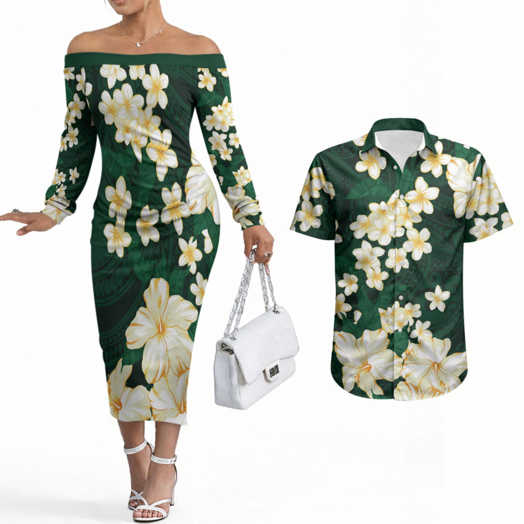 Hawaii Hibiscus Plumeria Green Couples Matching Off The Shoulder Long Sleeve Dress and Hawaiian Shirt Polynesian Pattern