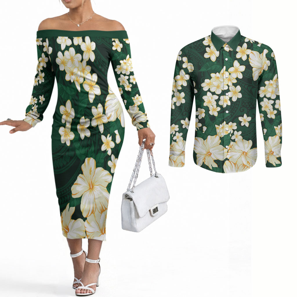Hawaii Hibiscus Plumeria Green Couples Matching Off The Shoulder Long Sleeve Dress and Long Sleeve Button Shirt Polynesian Pattern