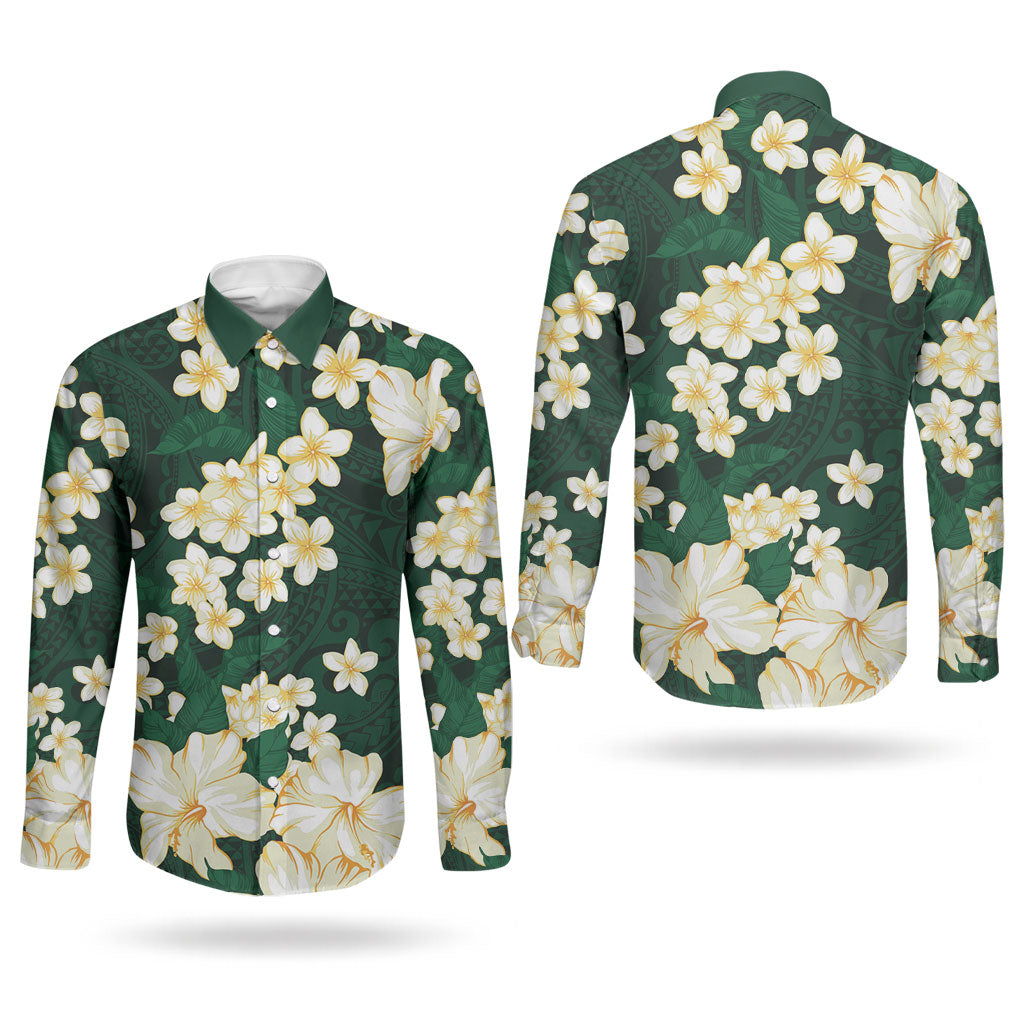 Hawaii Hibiscus Plumeria Green Couples Matching Off The Shoulder Long Sleeve Dress and Long Sleeve Button Shirt Polynesian Pattern LT01 - Polynesian Pride
