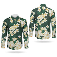 Hawaii Hibiscus Plumeria Green Couples Matching Off The Shoulder Long Sleeve Dress and Long Sleeve Button Shirt Polynesian Pattern LT01 - Polynesian Pride