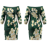 Hawaii Hibiscus Plumeria Green Couples Matching Off The Shoulder Long Sleeve Dress and Long Sleeve Button Shirt Polynesian Pattern LT01 - Polynesian Pride