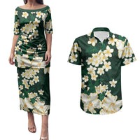 Hawaii Hibiscus Plumeria Green Couples Matching Puletasi and Hawaiian Shirt Polynesian Pattern