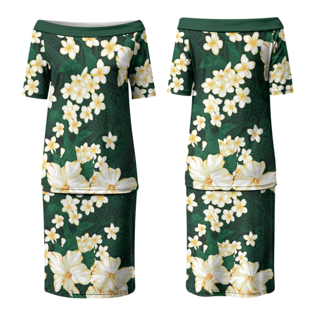 Hawaii Hibiscus Plumeria Green Couples Matching Puletasi and Hawaiian Shirt Polynesian Pattern