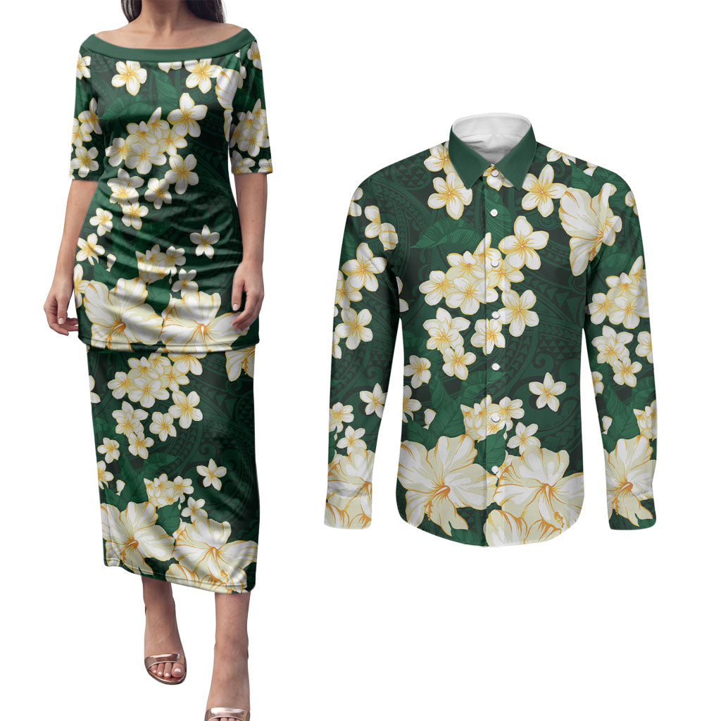 Hawaii Hibiscus Plumeria Green Couples Matching Puletasi and Long Sleeve Button Shirt Polynesian Pattern