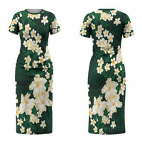 Hawaii Hibiscus Plumeria Green Couples Matching Short Sleeve Bodycon Dress and Long Sleeve Button Shirt Polynesian Pattern LT01 - Polynesian Pride