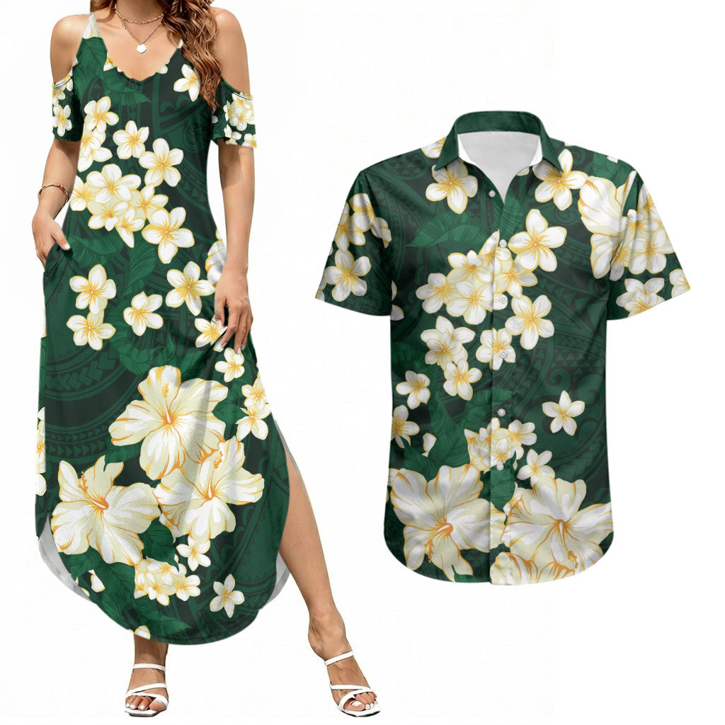 Hawaii Hibiscus Plumeria Green Couples Matching Summer Maxi Dress and Hawaiian Shirt Polynesian Pattern LT01 Green - Polynesian Pride