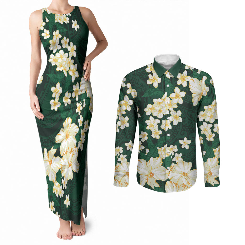 Hawaii Hibiscus Plumeria Green Couples Matching Tank Maxi Dress and Long Sleeve Button Shirt Polynesian Pattern LT01 Green - Polynesian Pride