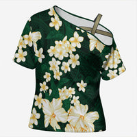 Hawaii Hibiscus Plumeria Green Cross Shoulder Shirt Polynesian Pattern
