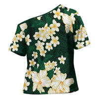Hawaii Hibiscus Plumeria Green Cross Shoulder Shirt Polynesian Pattern