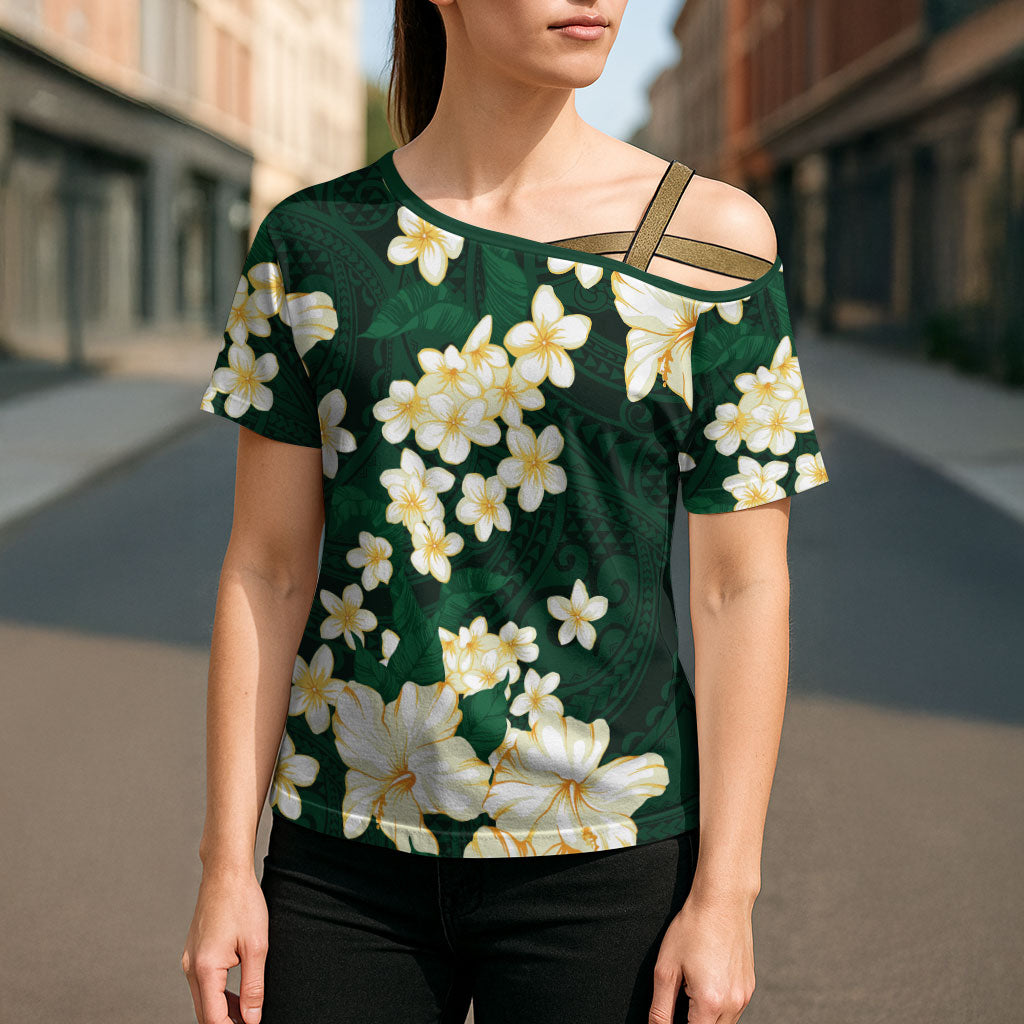 Hawaii Hibiscus Plumeria Green Cross Shoulder Shirt Polynesian Pattern