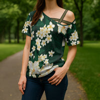 Hawaii Hibiscus Plumeria Green Cross Shoulder Shirt Polynesian Pattern