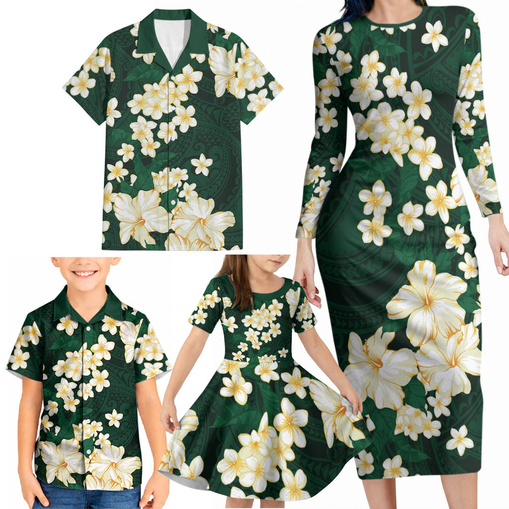 Hawaii Hibiscus Plumeria Green Family Matching Long Sleeve Bodycon Dress and Hawaiian Shirt Polynesian Pattern