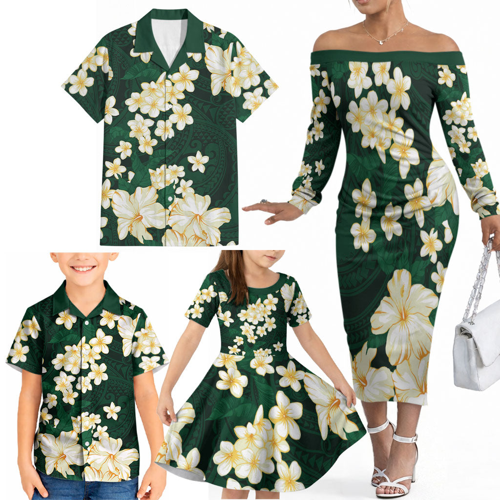 Hawaii Hibiscus Plumeria Green Family Matching Off The Shoulder Long Sleeve Dress and Hawaiian Shirt Polynesian Pattern