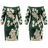 Hawaii Hibiscus Plumeria Green Family Matching Off The Shoulder Long Sleeve Dress and Hawaiian Shirt Polynesian Pattern LT01 Mom's Dress Green - Polynesian Pride