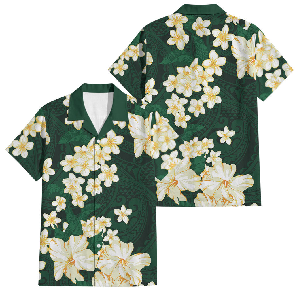 Hawaii Hibiscus Plumeria Green Family Matching Off The Shoulder Long Sleeve Dress and Hawaiian Shirt Polynesian Pattern LT01 Dad's Shirt - Short Sleeve Green - Polynesian Pride
