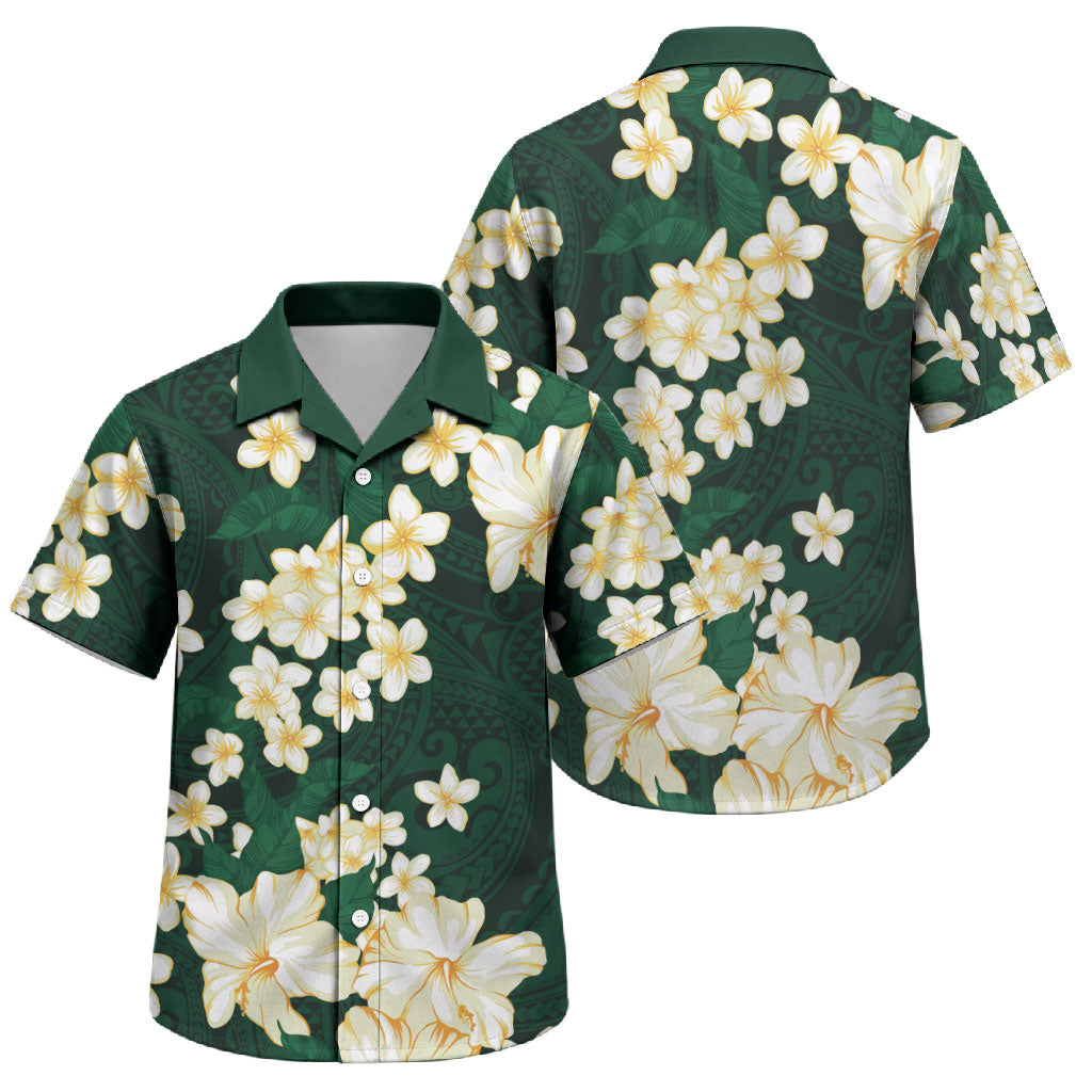Hawaii Hibiscus Plumeria Green Family Matching Off The Shoulder Long Sleeve Dress and Hawaiian Shirt Polynesian Pattern LT01 Son's Shirt Green - Polynesian Pride