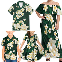 Hawaii Hibiscus Plumeria Green Family Matching Off Shoulder Maxi Dress and Hawaiian Shirt Polynesian Pattern LT01 - Polynesian Pride