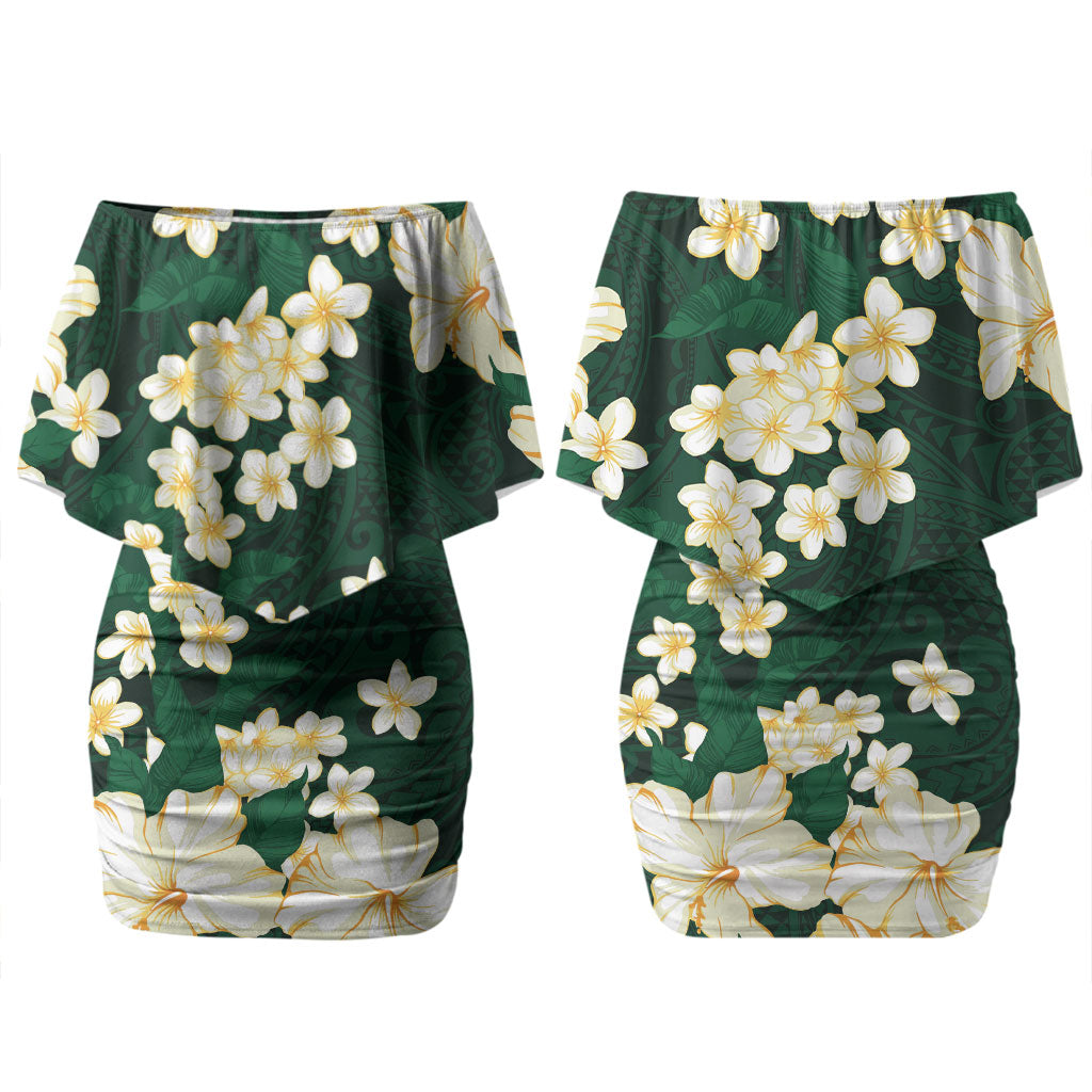 Hawaii Hibiscus Plumeria Green Family Matching Off Shoulder Short Dress and Hawaiian Shirt Polynesian Pattern LT01 Mom's Dress Green - Polynesian Pride