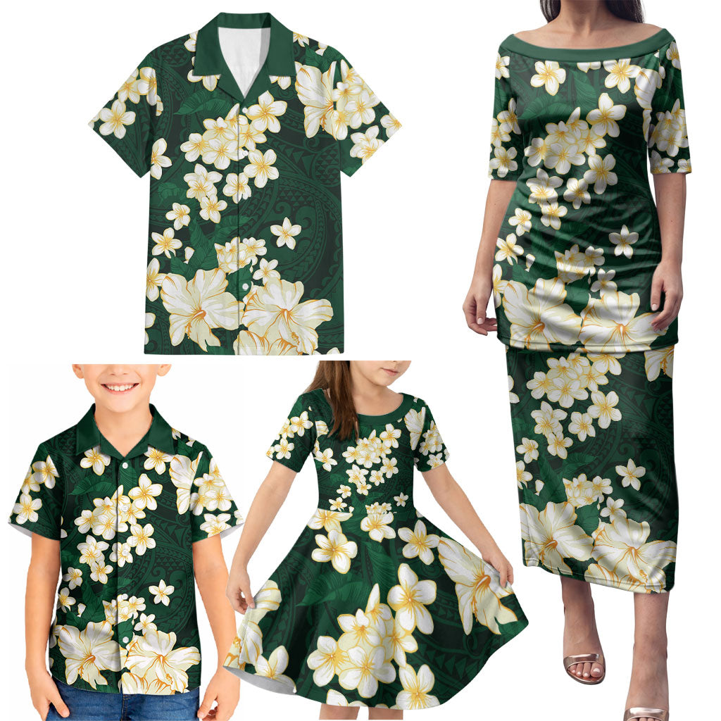 Hawaii Hibiscus Plumeria Green Family Matching Puletasi and Hawaiian Shirt Polynesian Pattern