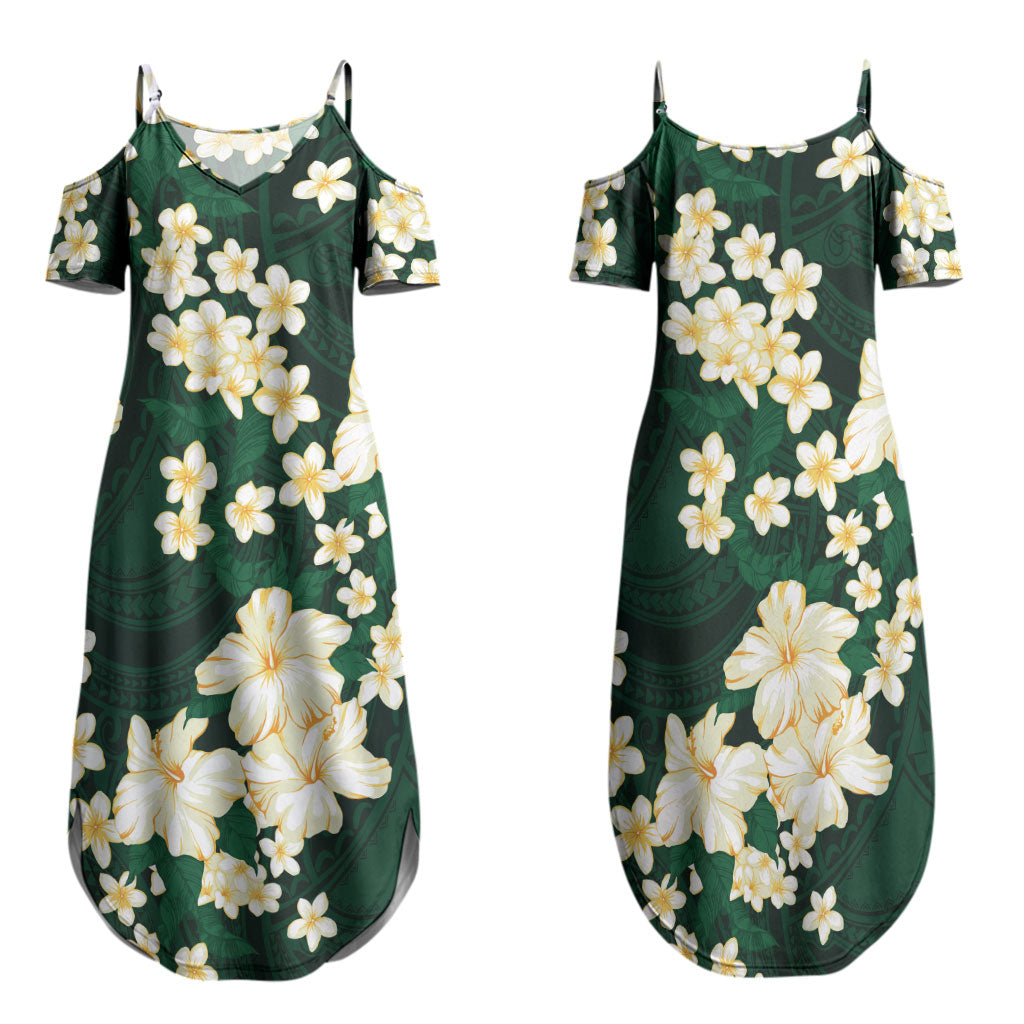 Hawaii Hibiscus Plumeria Green Family Matching Summer Maxi Dress and Hawaiian Shirt Polynesian Pattern LT01 Mom's Dress Green - Polynesian Pride