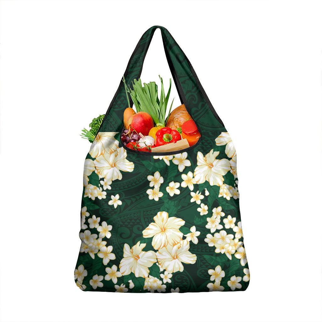 Hawaii Hibiscus Plumeria Green Grocery Bag Polynesian Pattern
