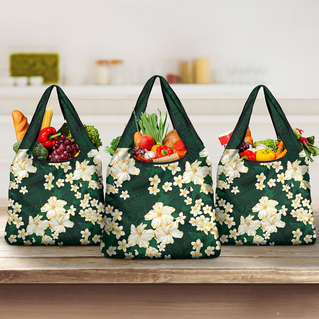 Hawaii Hibiscus Plumeria Green Grocery Bag Polynesian Pattern