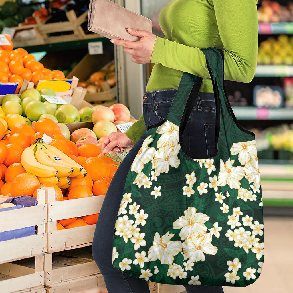 Hawaii Hibiscus Plumeria Green Grocery Bag Polynesian Pattern