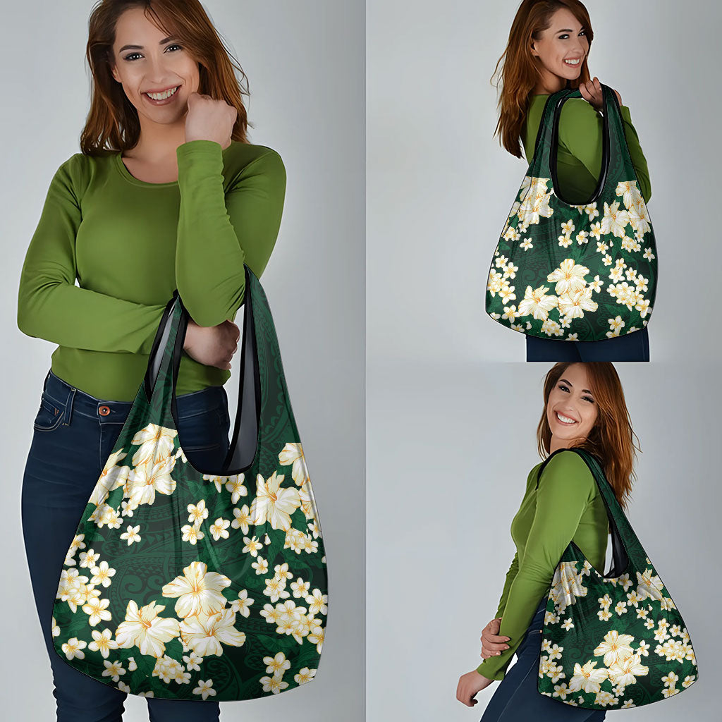 Hawaii Hibiscus Plumeria Green Grocery Bag Polynesian Pattern