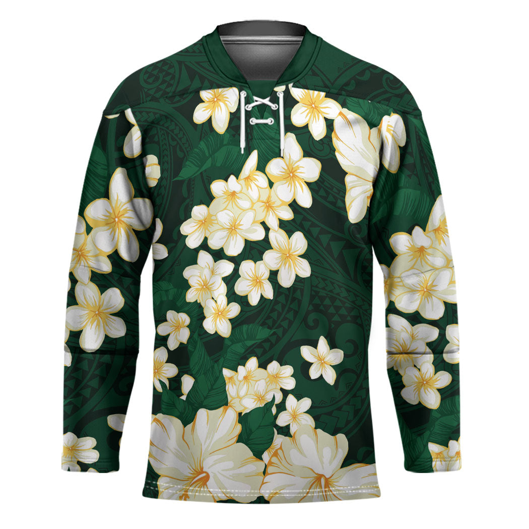 Hawaii Hibiscus Plumeria Green Hockey Jersey Polynesian Pattern
