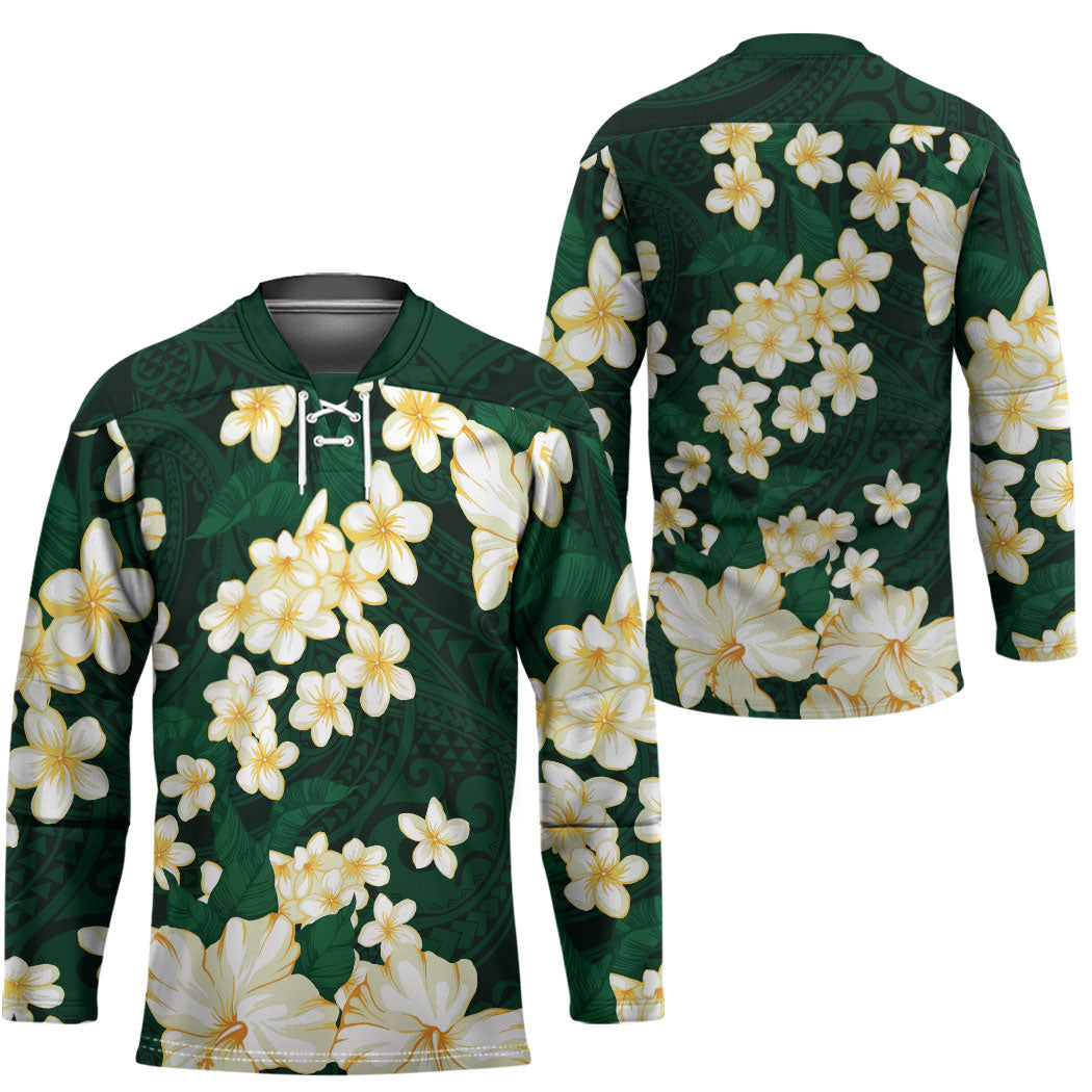 Hawaii Hibiscus Plumeria Green Hockey Jersey Polynesian Pattern