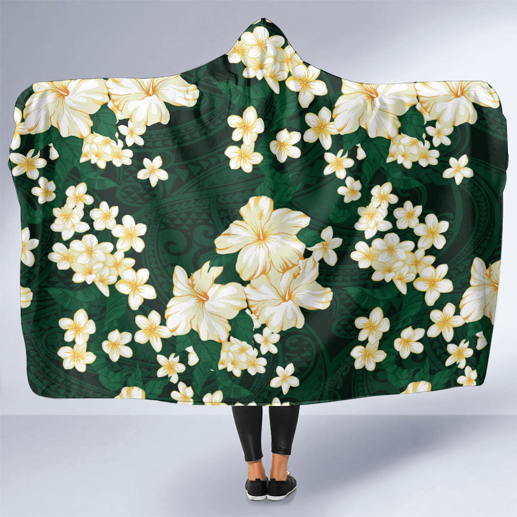 Hawaii Hibiscus Plumeria Green Hooded Blanket Polynesian Pattern