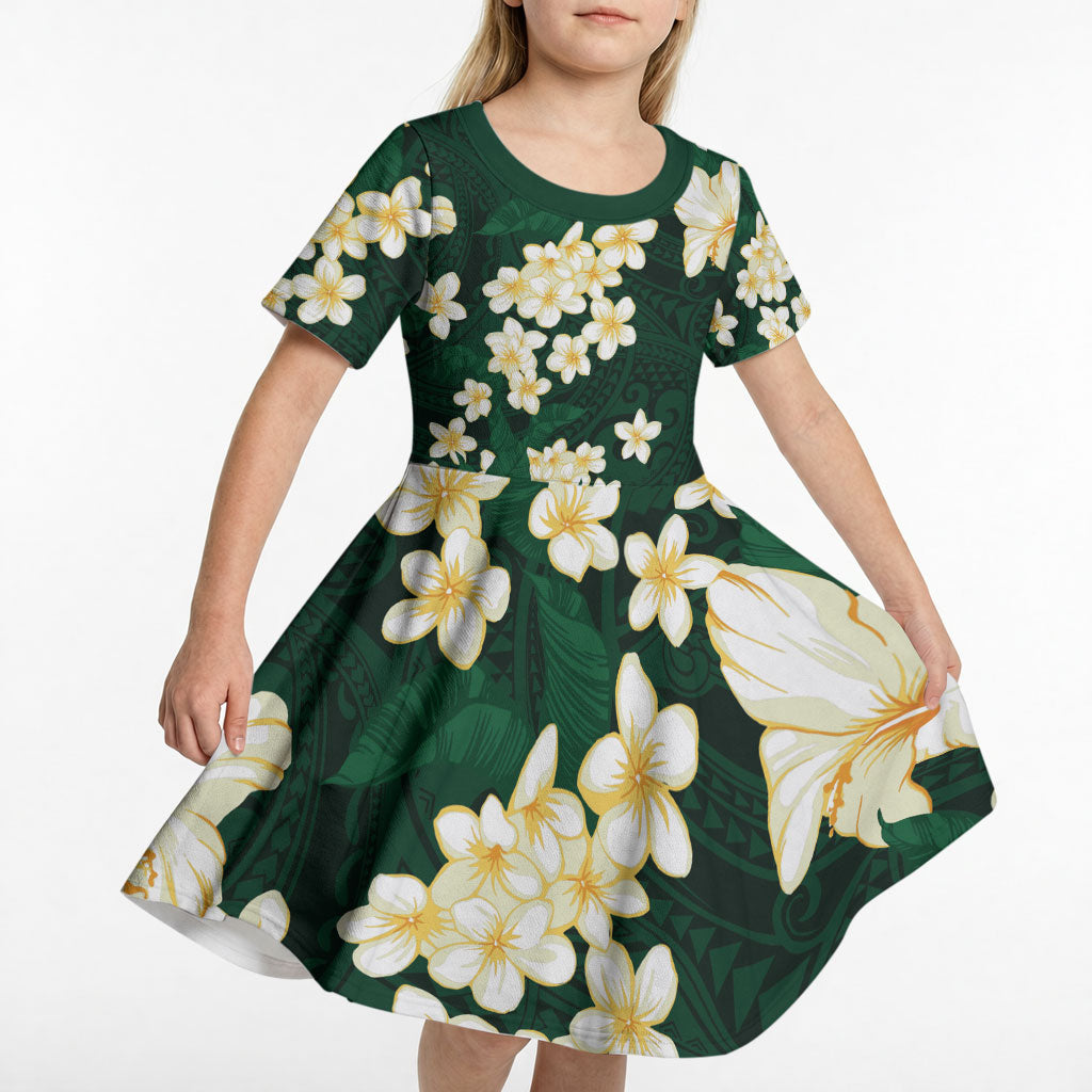 Hawaii Hibiscus Plumeria Green Kid Short Sleeve Dress Polynesian Pattern LT01 - Polynesian Pride